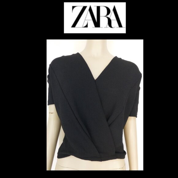 Zara Trafaluc Deep V-Neck, Faux Wrap Black Top - Picture 1 of 8